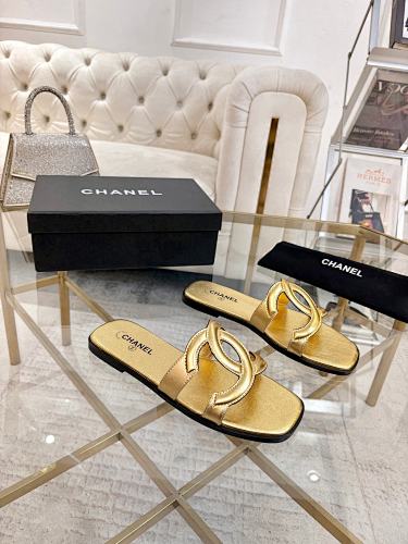 Chanel CC Logo Metallic Gold Leather Slide Sandals