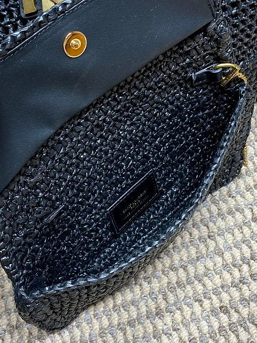 Saint Laurent (YSL) Black Raffia Crochet Tote Bag