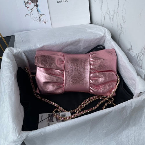 Chanel Metallic Pink Ruched Flap Bag / Chain Shoulder Bag
