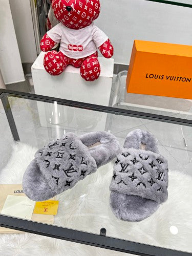Louis Vuitton Monogram Shearling/Fur Slides