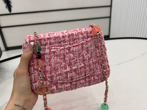 Chanel Pink Tweed Mini Flap Bag with Charm Chain Strap