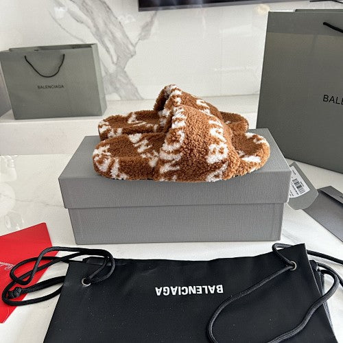 Balenciaga Allover Logo Furry Slide Sandals