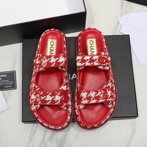 Chanel CC Logo Houndstooth Double-Strap Slide Sandals