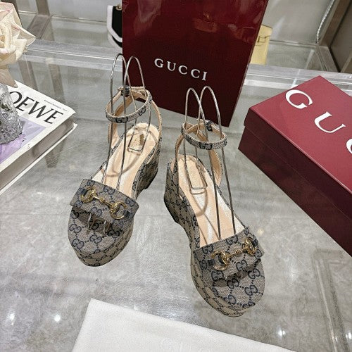 Gucci GG Supreme Horsebit Platform Wedge Sandals