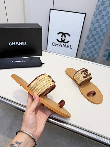 Chanel CC Logo Raffia Toe-Ring Sandals
