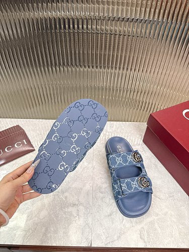 Gucci GG Denim Double-Strap Slide Sandals