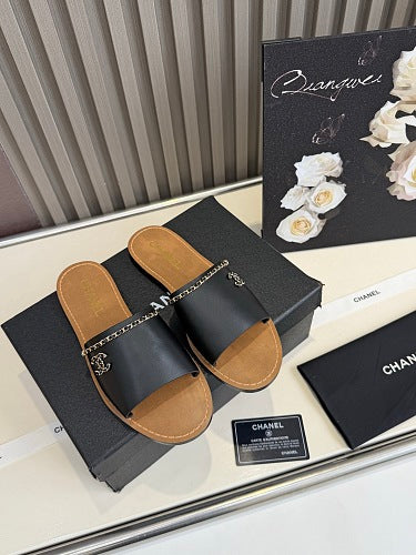Chanel CC Logo Chain-Trim Slide Sandals
