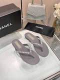 Chanel Pearl-Embellished CC Thong Sandals / Flip-Flops