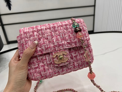 Chanel Pink Tweed Mini Flap Bag with Charm Chain Strap