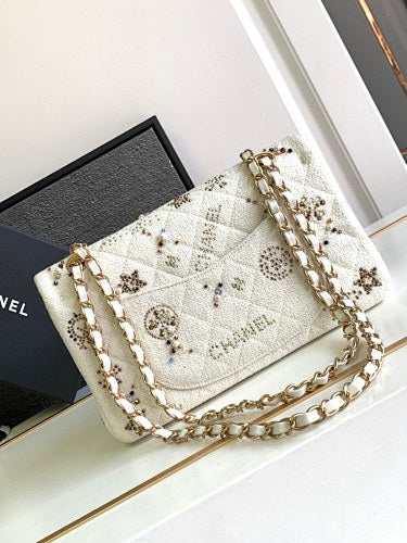 Chanel Ivory Tweed Embellished Classic Flap-Style Bag