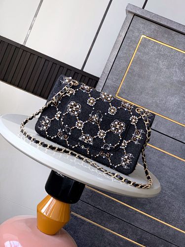 Chanel Black Tweed Pearl & Crystal Embellished Flap Bag
