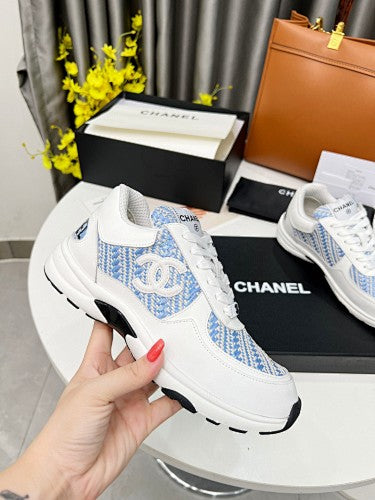Chanel CC Logo Low-Top Sneakers – White & Blue Tweed