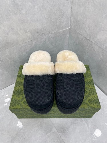 Gucci Black GG Canvas Shearling-Lined Mule Slippers