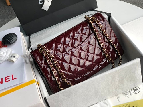 Chanel Burgundy Patent Leather Quilted Classic Double Flap Bag