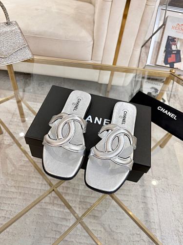 Chanel CC Logo Metallic Silver Leather Slide Sandals