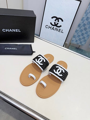 Chanel CC Logo Woven Toe-Ring Sandals