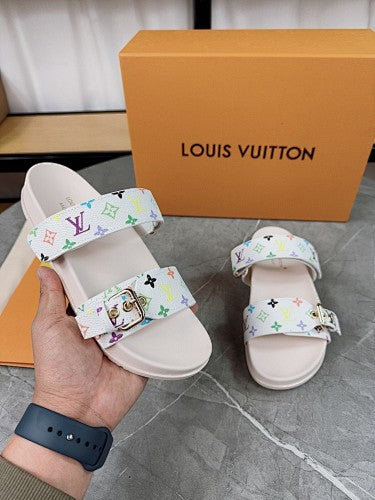 Louis Vuitton White Multicolor Monogram Double-Strap Slide Sandals