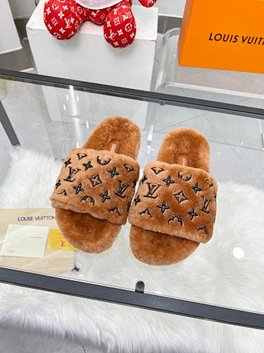 Louis Vuitton Monogram Shearling/Fur Slides