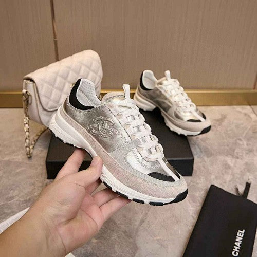 Chanel CC Metallic Silver & White Low-Top Runner Sneakers