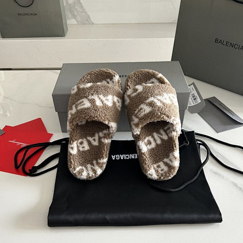 Balenciaga Allover Logo Furry Slide Sandals