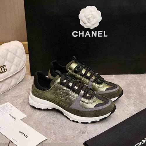 Chanel CC Logo Metallic Olive Green Runner Sneakers