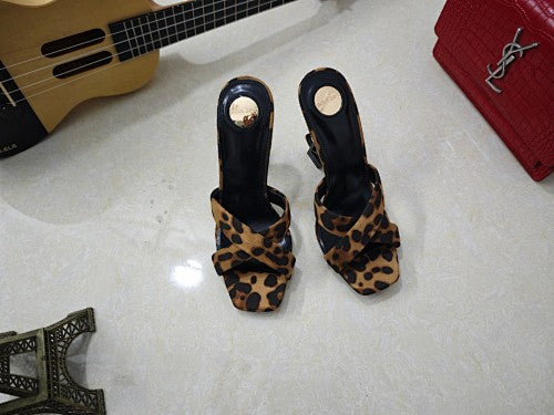 Saint Laurent Opyum Leopard-Print YSL Logo-Heel Mule Sandals