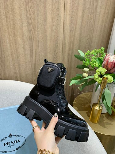 Prada Monolith Patent Leather & Re-Nylon Combat Boots