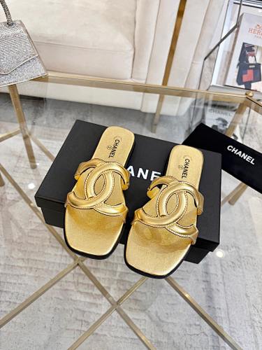 Chanel CC Logo Metallic Gold Leather Slide Sandals
