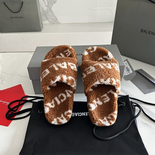 Balenciaga Allover Logo Furry Slide Sandals