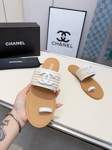 Chanel CC Logo Woven Raffia Toe-Ring Flat Sandals