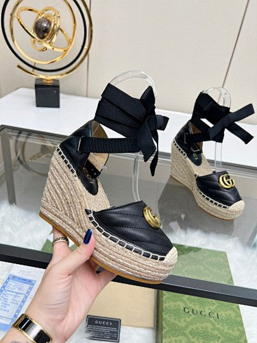 Gucci Marmont Matelassé Leather Platform Espadrille Wedges