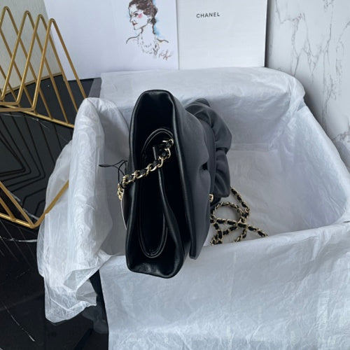 Chanel Metallic Black Ruched Flap Bag / Chain Shoulder Bag.