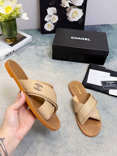 Chanel CC Logo Chain-Trim Crisscross Slide Sandals