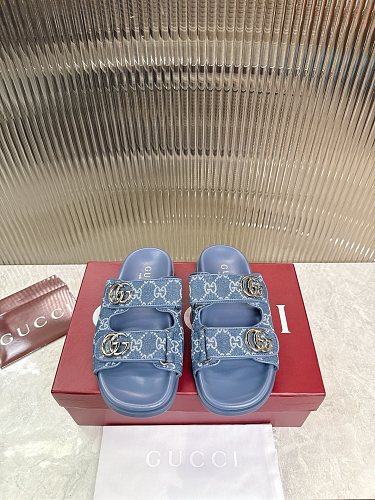 Gucci GG Denim Double-Strap Slide Sandals