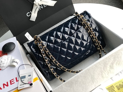 Chanel Black Patent Leather Quilted Classic Double Flap Bag
