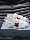 Prada White Leather Low-Top Sneakers with Burgundy Logo Stripe