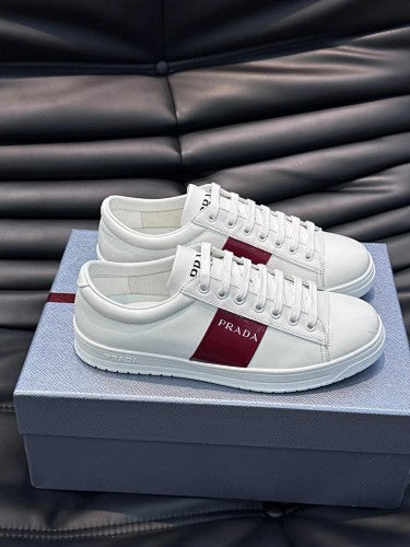 Prada White Leather Low-Top Sneakers with Burgundy Logo Stripe