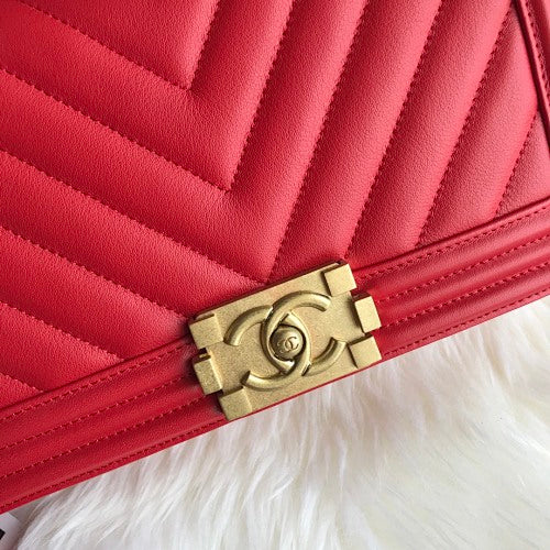 Chanel Red Chevron Quilted Boy Bag
