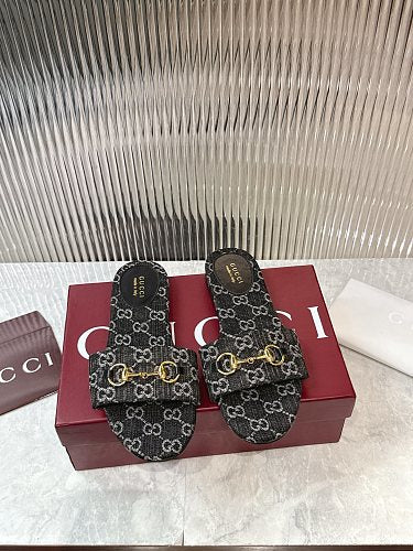 Gucci GG Monogram Horsebit Flat Slide Sandals