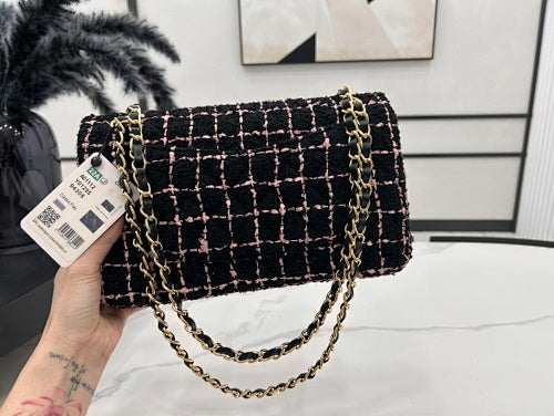 Chanel Black & Pink Tweed Classic Flap-Style Bag
