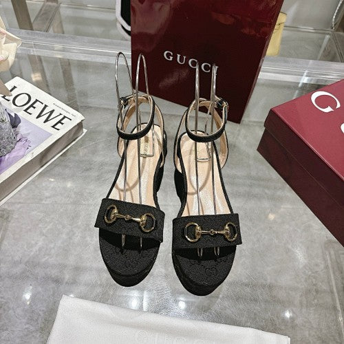 Gucci Black Horsebit Platform Wedge Sandals