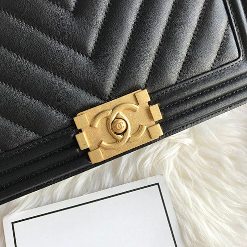 Chanel Black Chevron Quilted Boy Bag