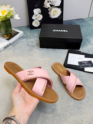 Chanel CC Logo Chain-Trim Crisscross Slide Sandals