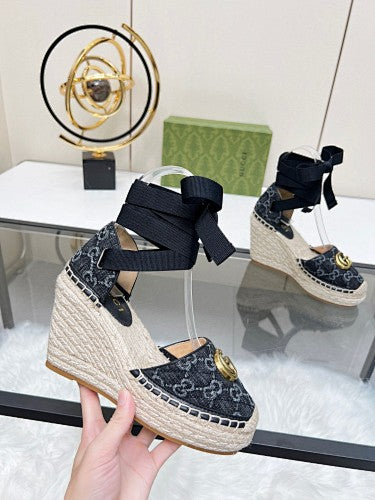 Gucci GG Denim Double G Platform Espadrille Wedges