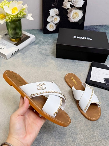 Chanel CC Logo Chain-Trim Crisscross Slide Sandals