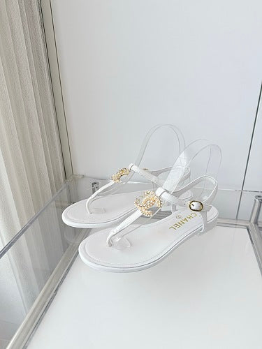 Chanel White CC Thong Slingback Sandals