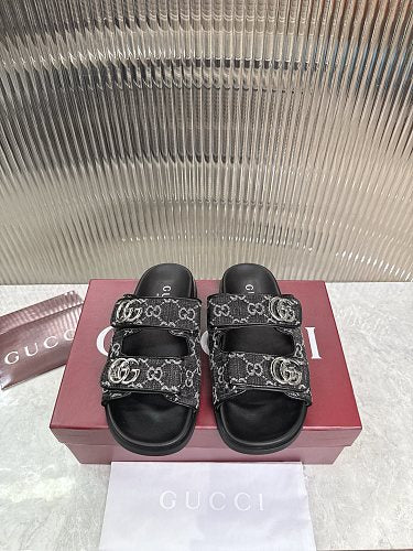 Gucci GG Denim Double-Strap Slide Sandals