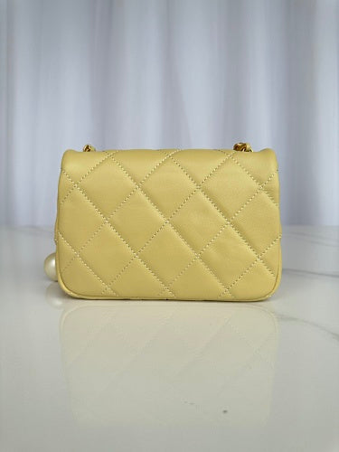 Chanel Yellow Quilted Flap Bag with Pearl-Embellished Chain Strap