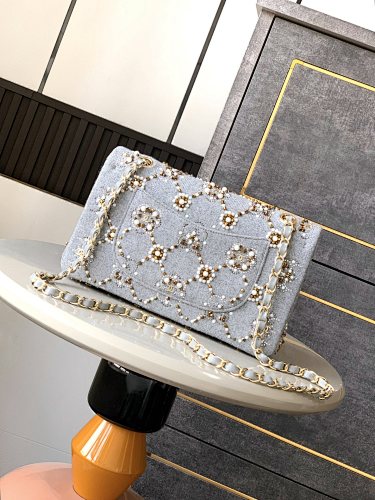 Chanel Light Blue Tweed Crystal & Pearl Embellished Flap Bag