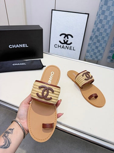 Chanel CC Logo Raffia Toe-Ring Sandals